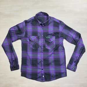 Demons‎ Behind Me Purple Black Green Plaid Flannel Shirt Skull Patch  Large Tall